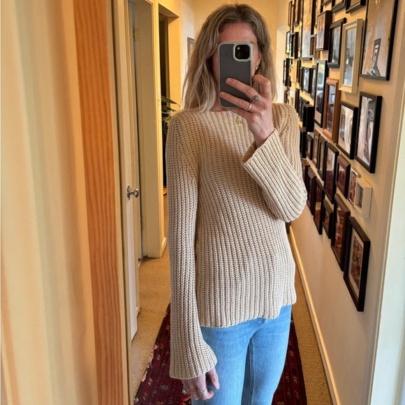 Banana Republic Cream Knit Crochet Woven Long Bell Sleeve Sweater Jumper Top - Picture 2 of 8